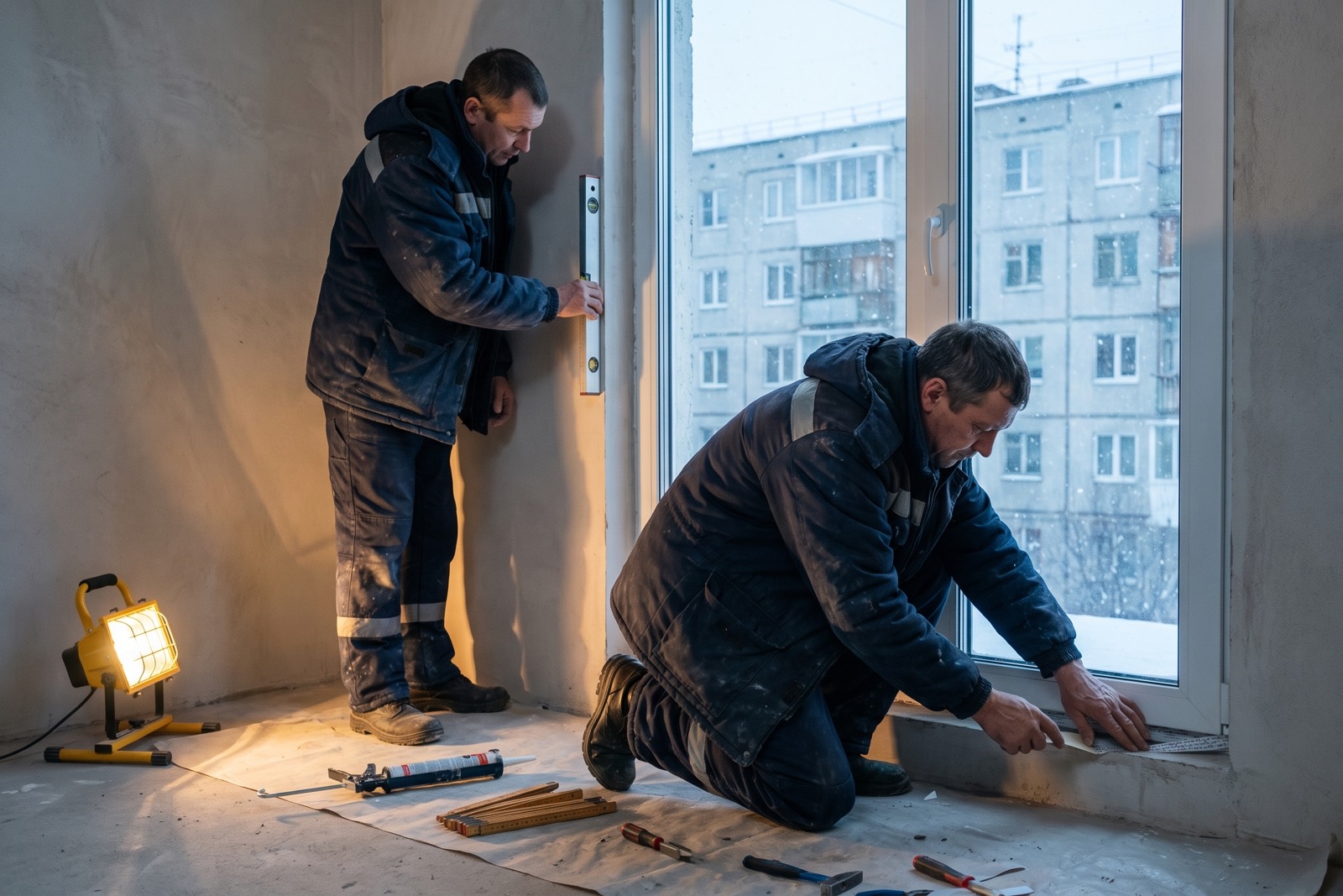 Двое монтажников выставляют пластиковое окно по уровню в жилой комнате