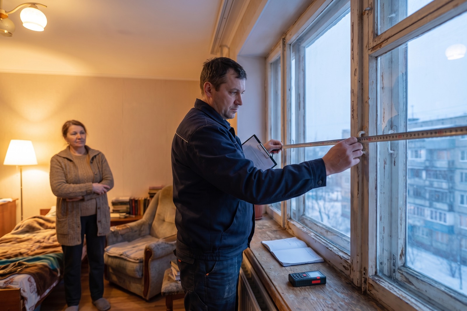 Замер старого окна в жилой комнате: человек с рулеткой у проёма, рядом второй записывает размеры
